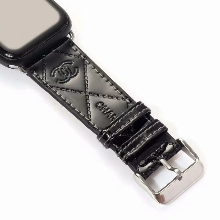 Chanel Glossy Leather Apple Watch Band – Luxury Metal Logo Strap