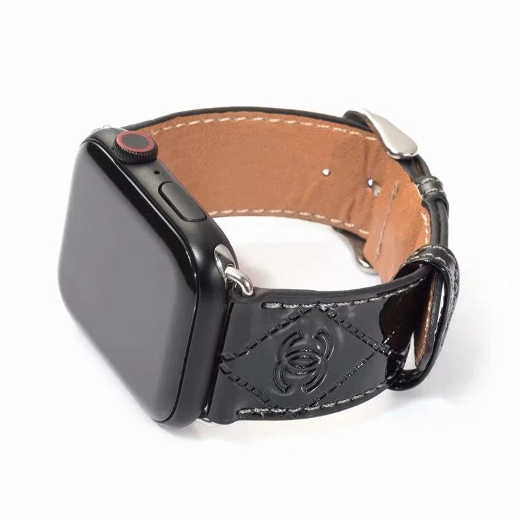 Chanel Glossy Leather Apple Watch Band – Luxury Metal Logo Strap