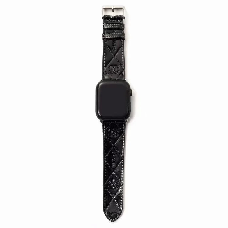 Chanel Glossy Leather Apple Watch Band – Luxury Metal Logo Strap
