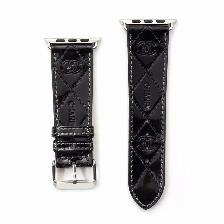 Chanel Glossy Leather Apple Watch Band – Luxury Metal Logo Strap