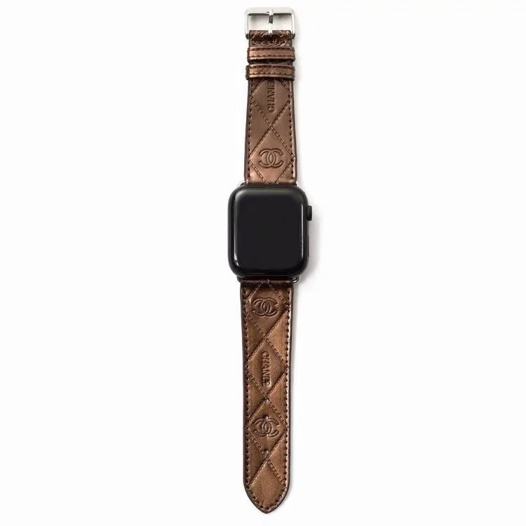 Chanel Glossy Leather Apple Watch Band – Luxury Metal Logo Strap