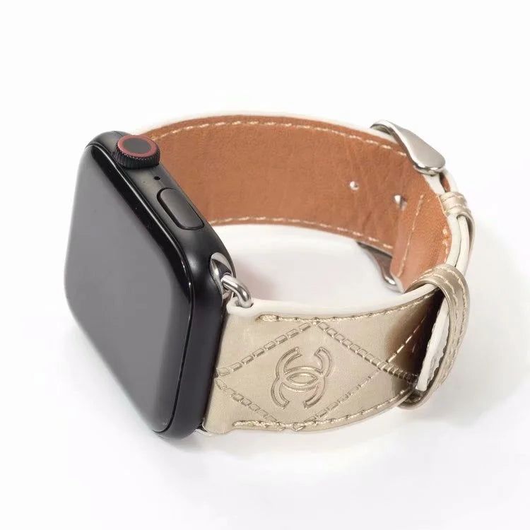 Chanel Glossy Leather Apple Watch Band – Luxury Metal Logo Strap
