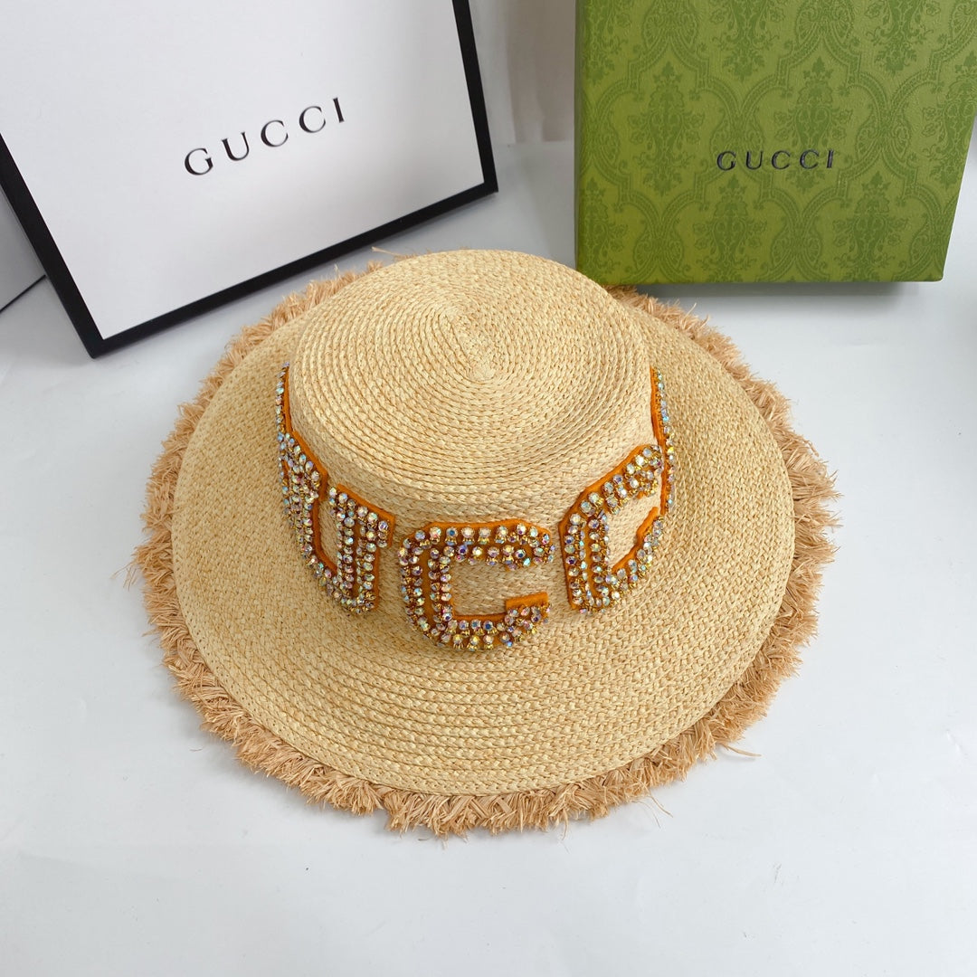 Gucci GG Raffia Frayed Edge Straw Sun Hat for Women | Luxury Designer Beach Hat