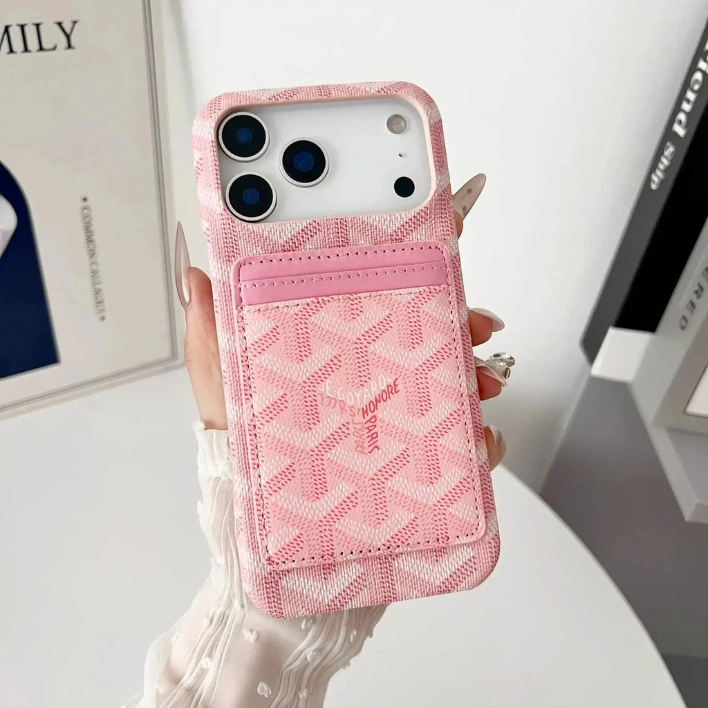 Pink Goyard iPhone 17 Pro Max MagSafe Case with Cardholder, Goyard Pattern