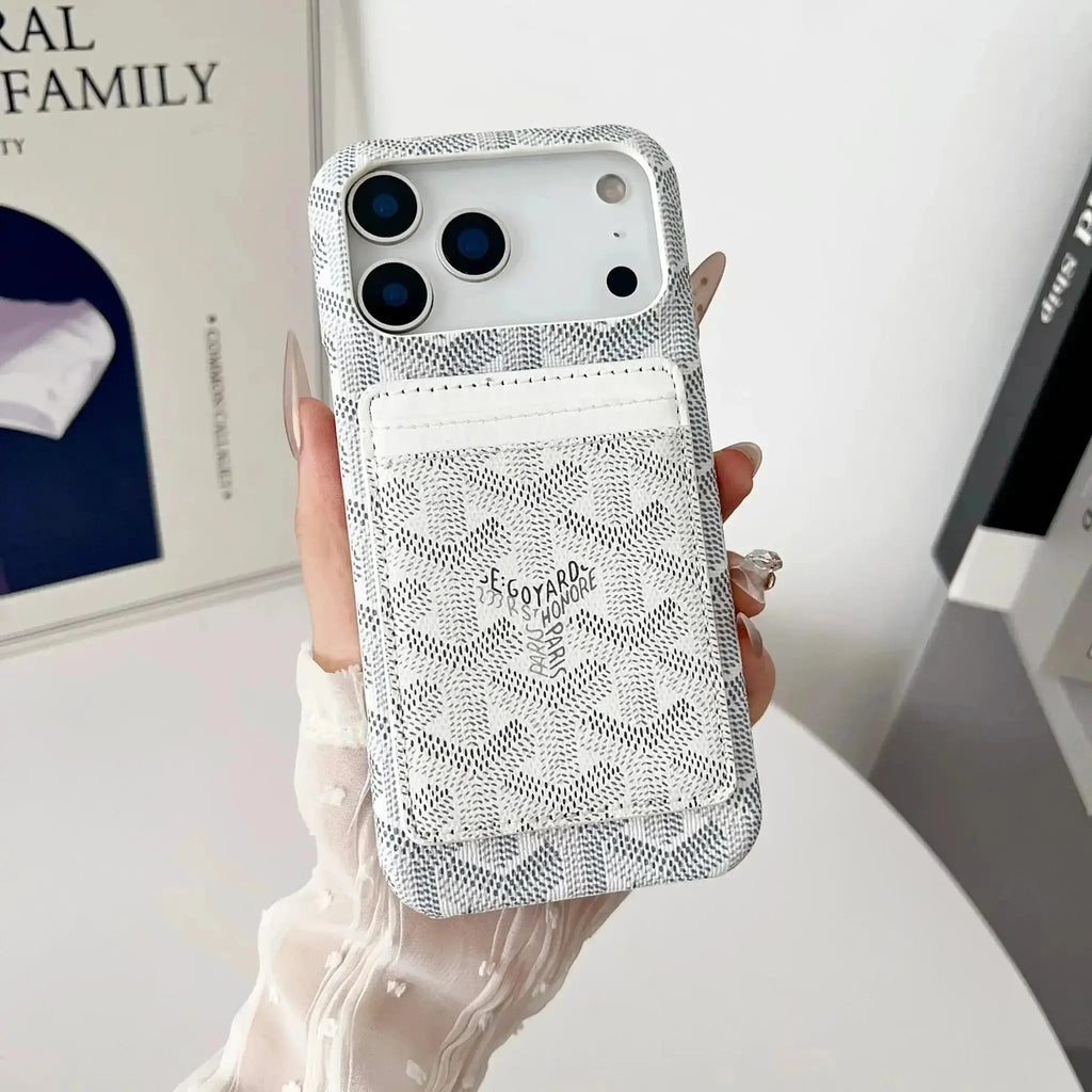 White Goyard iPhone 18 Pro MagSafe Case with Cardholder, Goyard Pattern