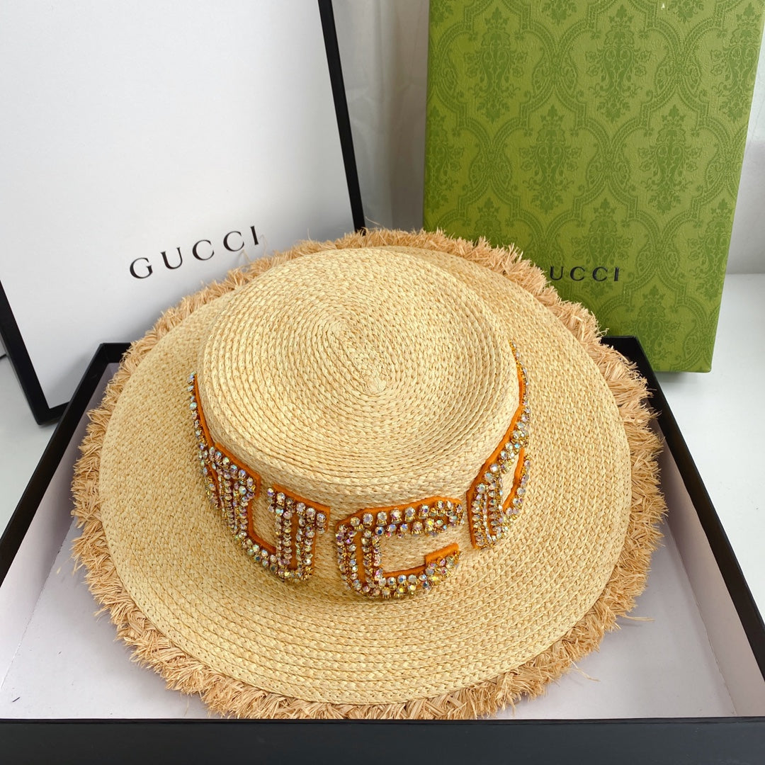 Gucci GG Raffia Frayed Edge Straw Sun Hat for Women | Luxury Designer Beach Hat