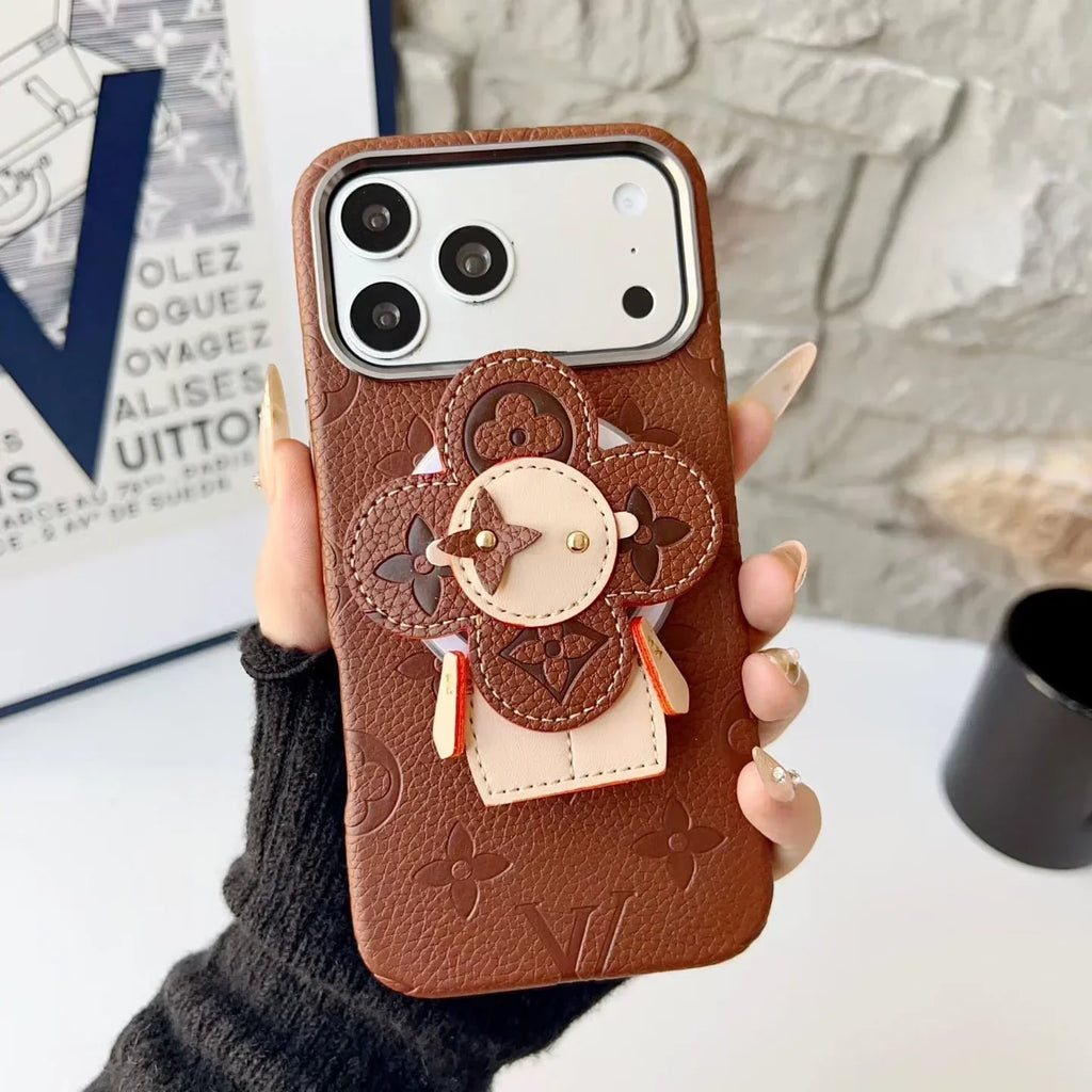 Louis Vuitton iPhone 18 Pro Max Case MagSafe Leather with Flower Grip – Brown