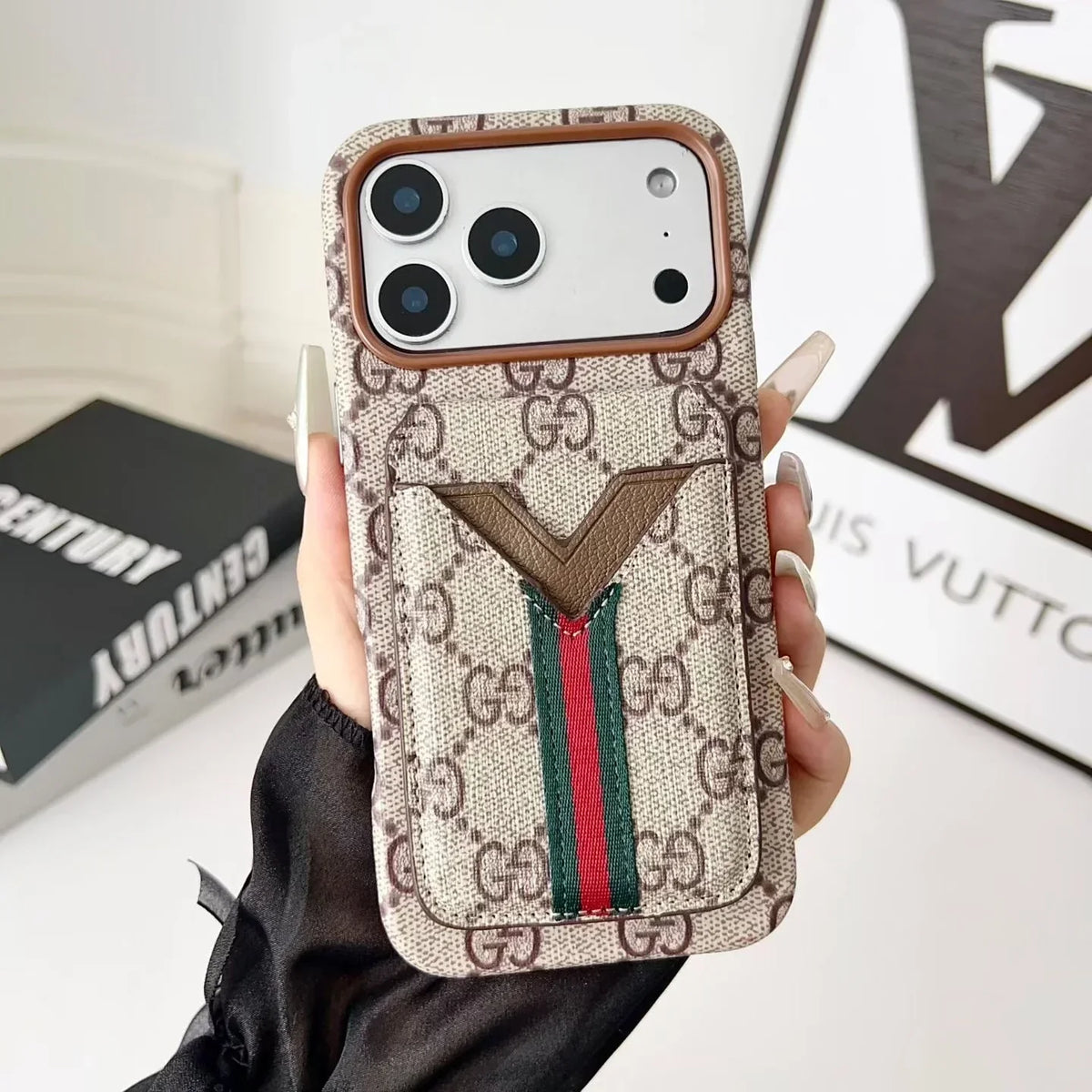 Gucci iPhone 18 Pro Case with Cardholder – Beige GG Monogram Leather