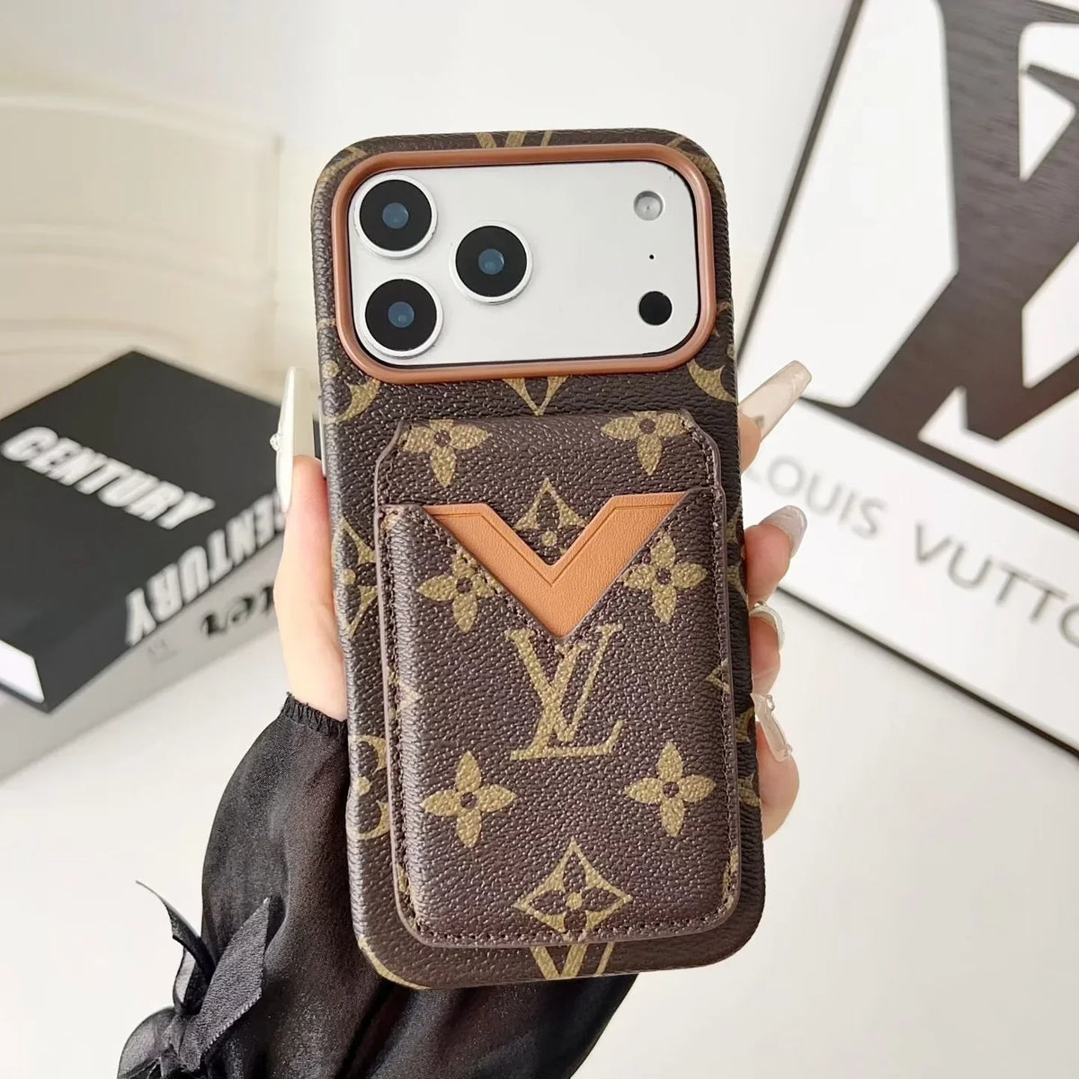 Louis Vuitton iPhone 18 Pro Case with Cardholder – Brown Monogram Red Trim Leather