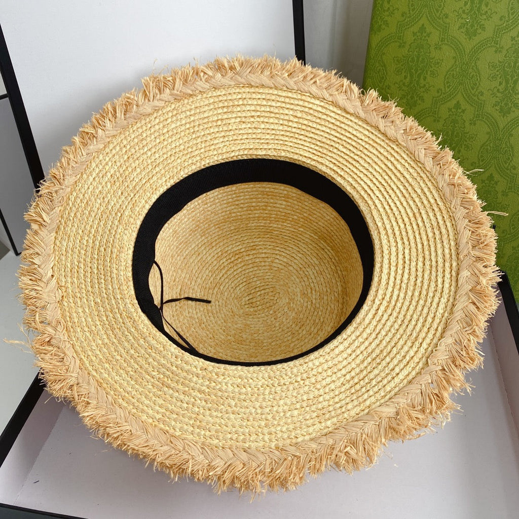 Gucci GG Raffia Frayed Edge Straw Sun Hat for Women | Luxury Designer Beach Hat