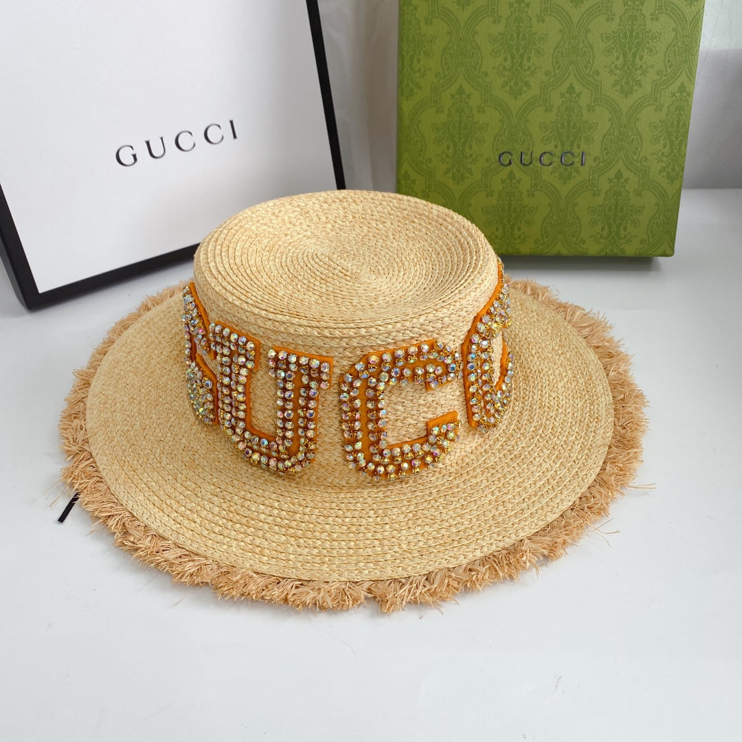 Gucci GG Raffia Frayed Edge Straw Sun Hat for Women | Luxury Designer Beach Hat