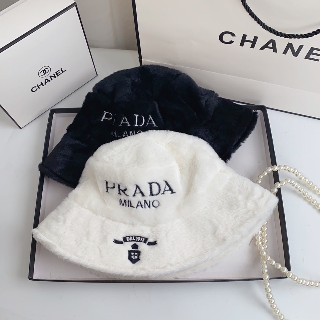 Prada Milano Plush Faux Fur Bucket Hat | Luxury Designer Winter Hat