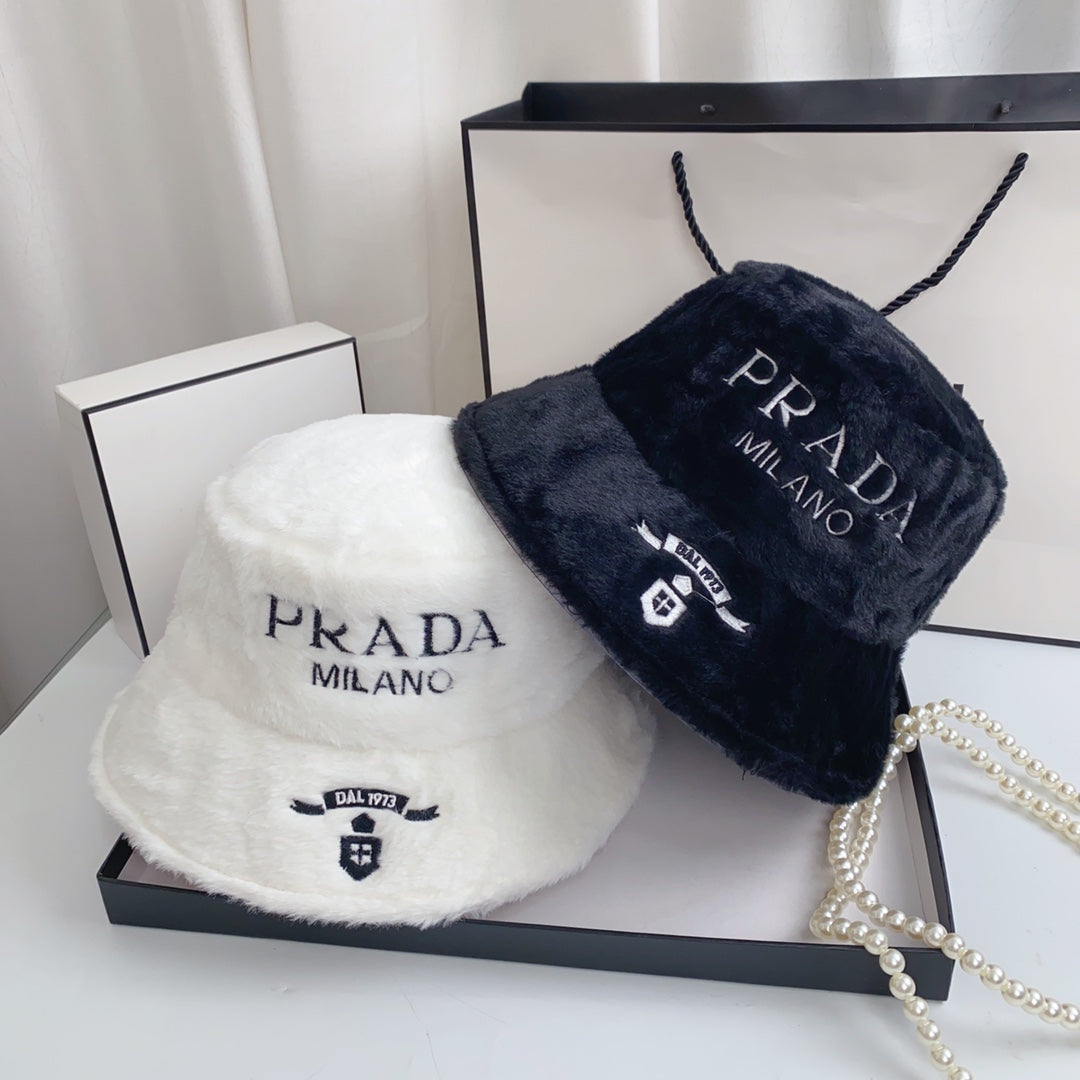Prada Milano Plush Faux Fur Bucket Hat | Luxury Designer Winter Hat