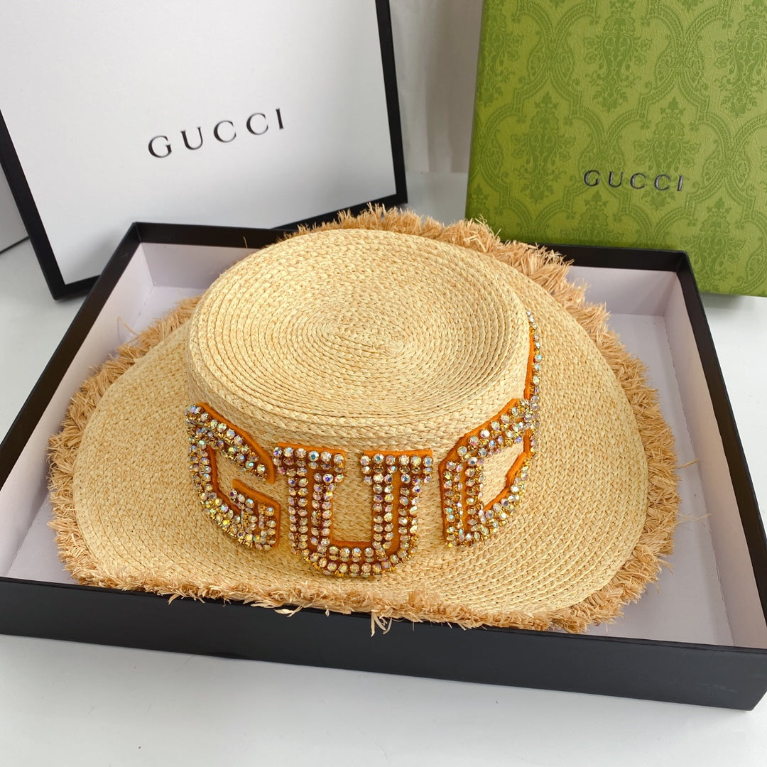 Gucci GG Raffia Frayed Edge Straw Sun Hat for Women | Luxury Designer Beach Hat