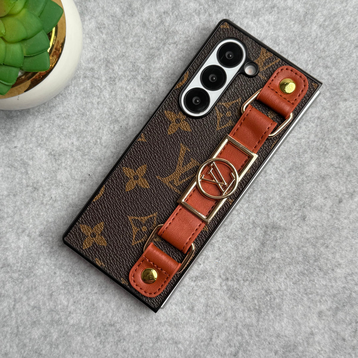 Louis Vuitton Monogram Samsung Galaxy Z Fold 7, Z Fold 6, Z Fold 5 Strap Holder Leather Case