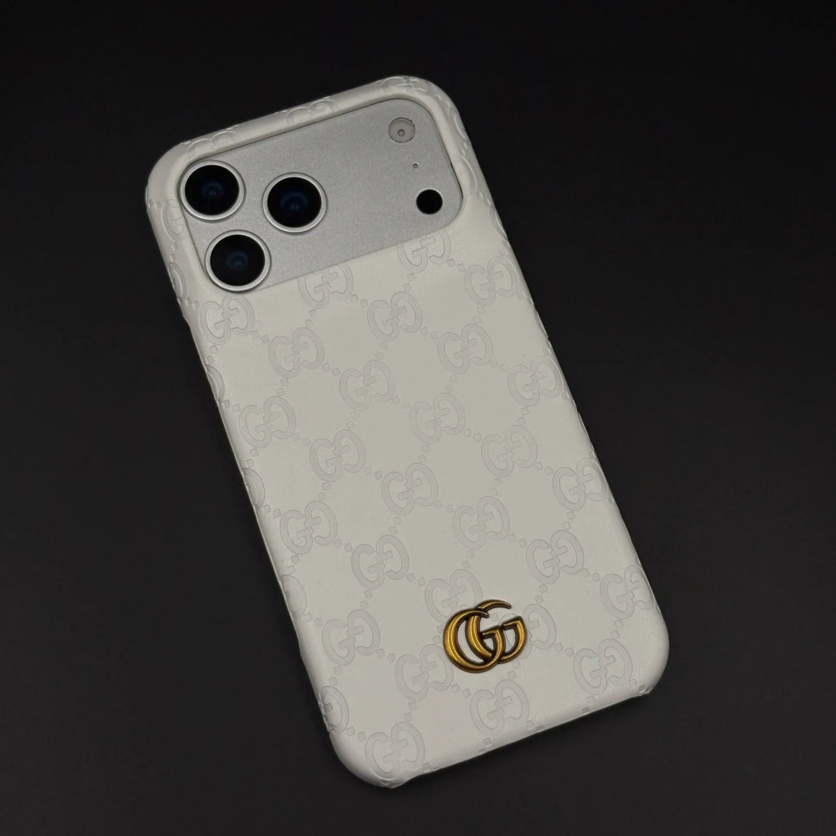 Luxury Gucci iPhone 18 Pro Case | GG Monogram Leather White Brown