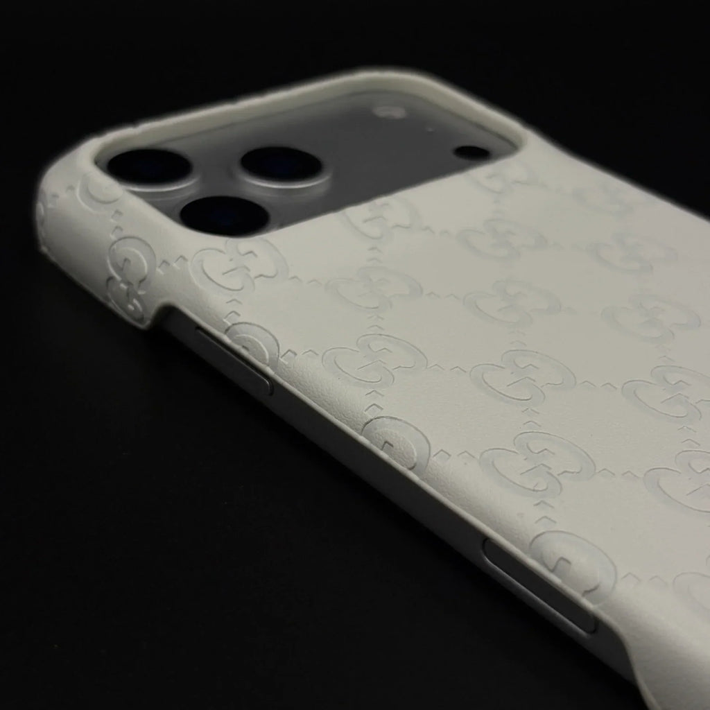 Luxury Gucci iPhone 18 Pro Case | GG Monogram Leather White Brown