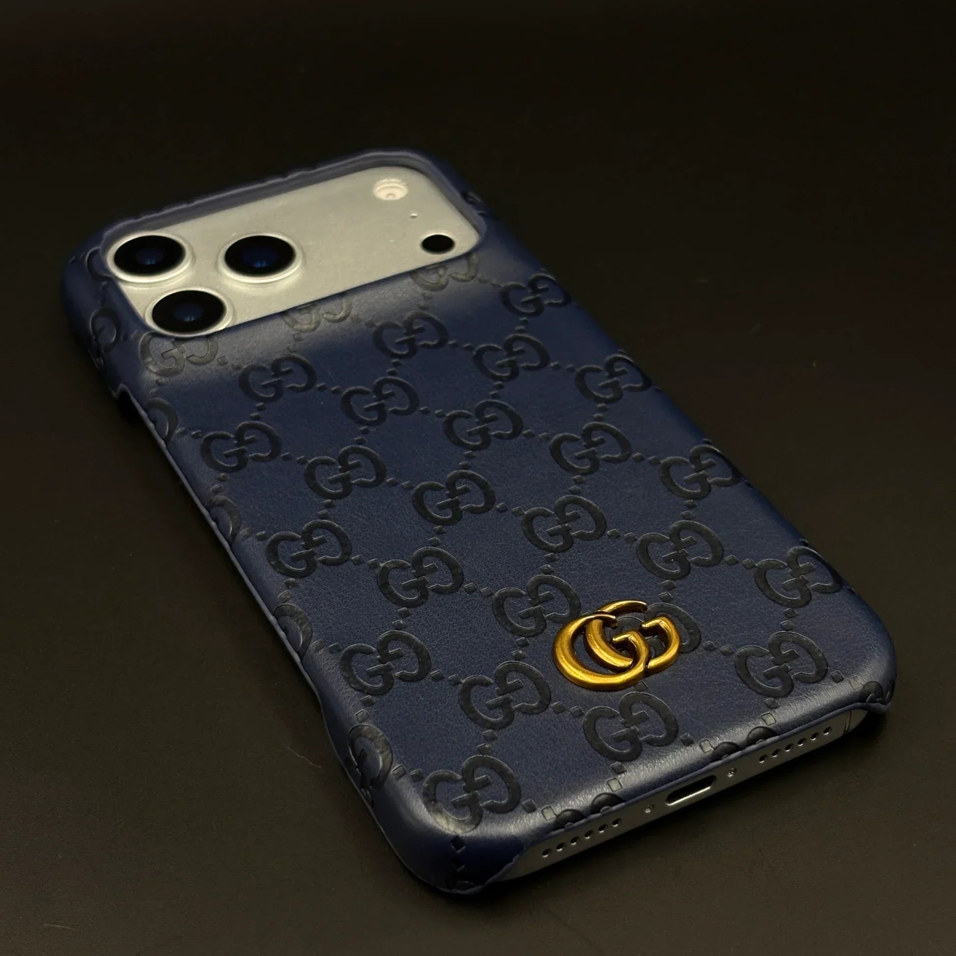 Luxury Gucci iPhone 18 Pro Case | GG Monogram Leather White Blue