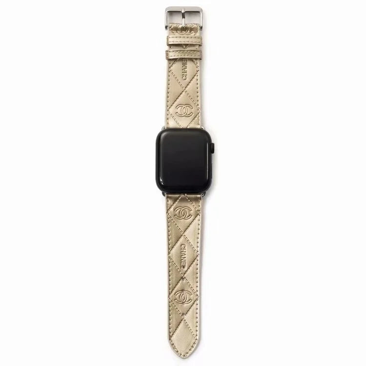Chanel Glossy Leather Apple Watch Band – Luxury Metal Logo Strap