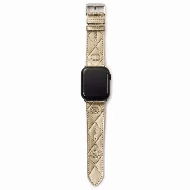 Chanel Glossy Leather Apple Watch Band – Luxury Metal Logo Strap - Serene
