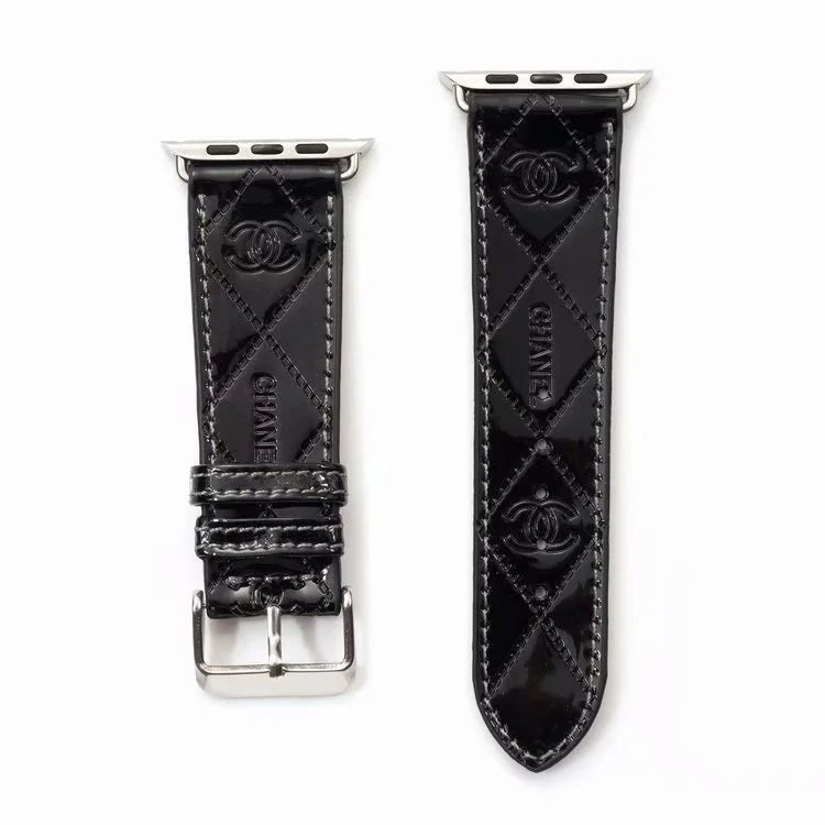 Chanel Glossy Leather Apple Watch Band – Luxury Metal Logo Strap - Serene