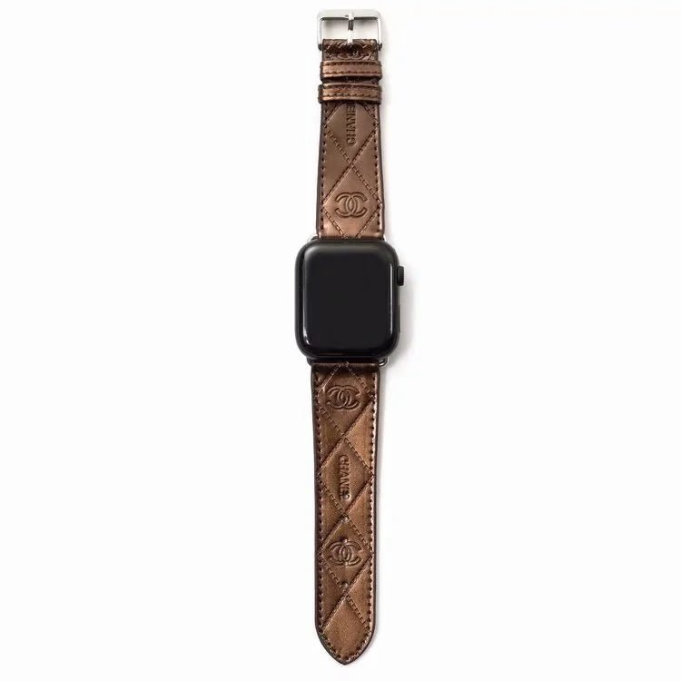 Chanel Glossy Leather Apple Watch Band – Luxury Metal Logo Strap - Serene