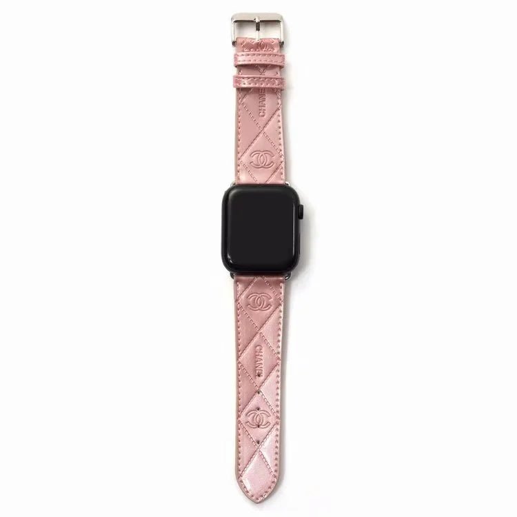 Chanel Glossy Leather Apple Watch Band – Luxury Metal Logo Strap - Serene