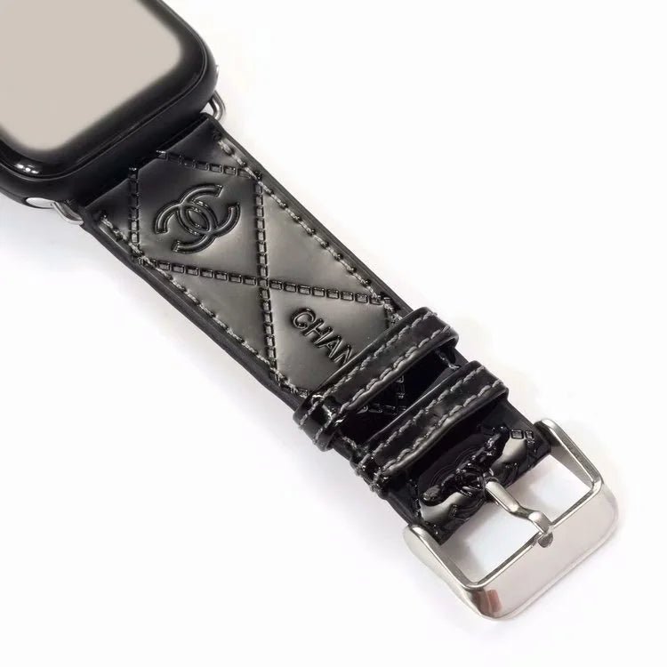Chanel Glossy Leather Apple Watch Band – Luxury Metal Logo Strap - Serene