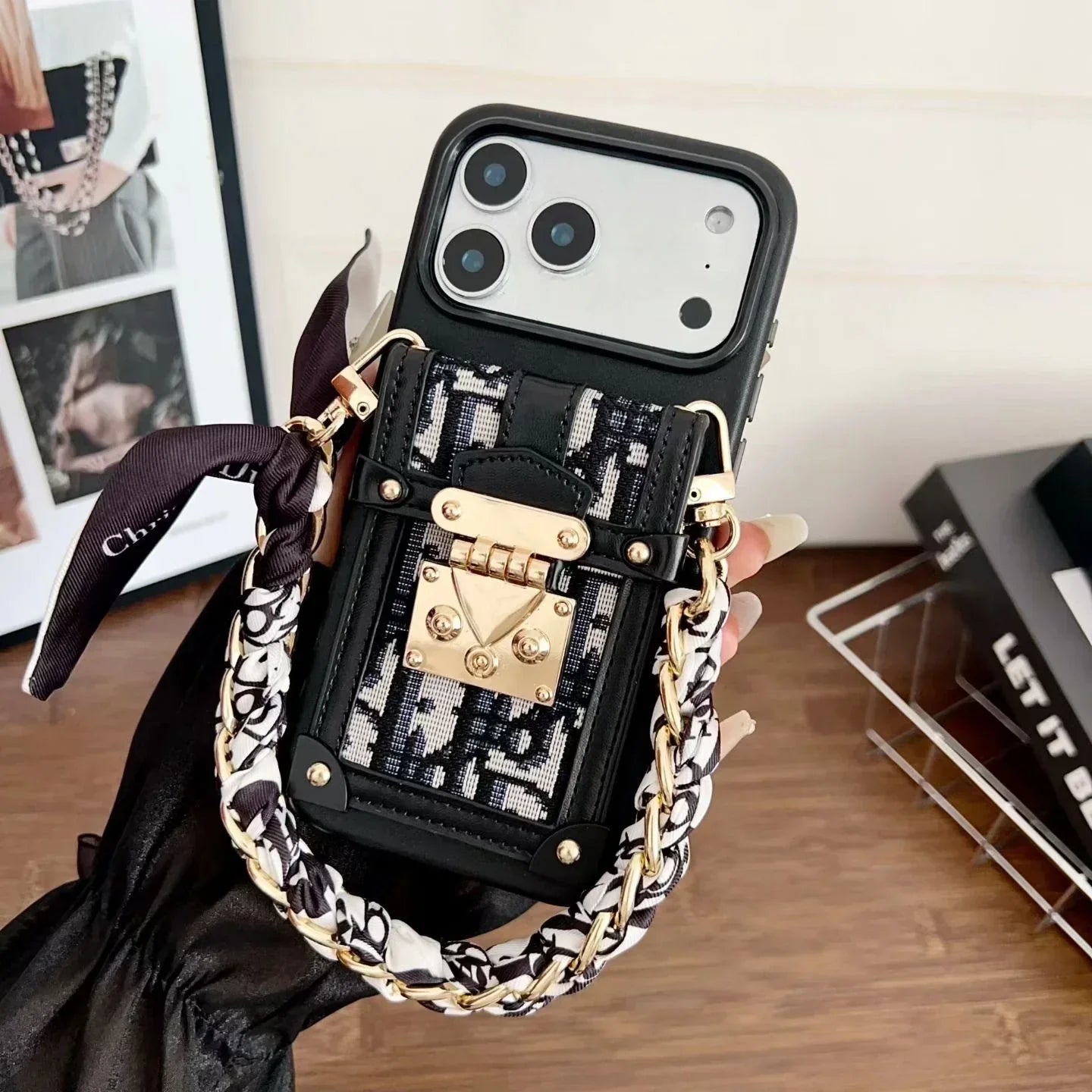 Dior iPhone 17 Pro Max Case with Wallet & 3 Straps – Black Luxury Crossbody Dior Phone Case