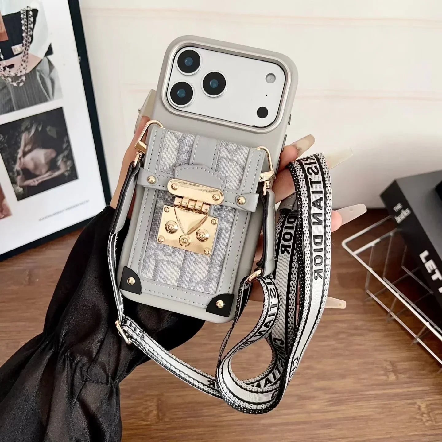 Dior iPhone 17 Pro Max Case with Wallet & 3 Straps – Gray Luxury Crossbody Dior Phone Case