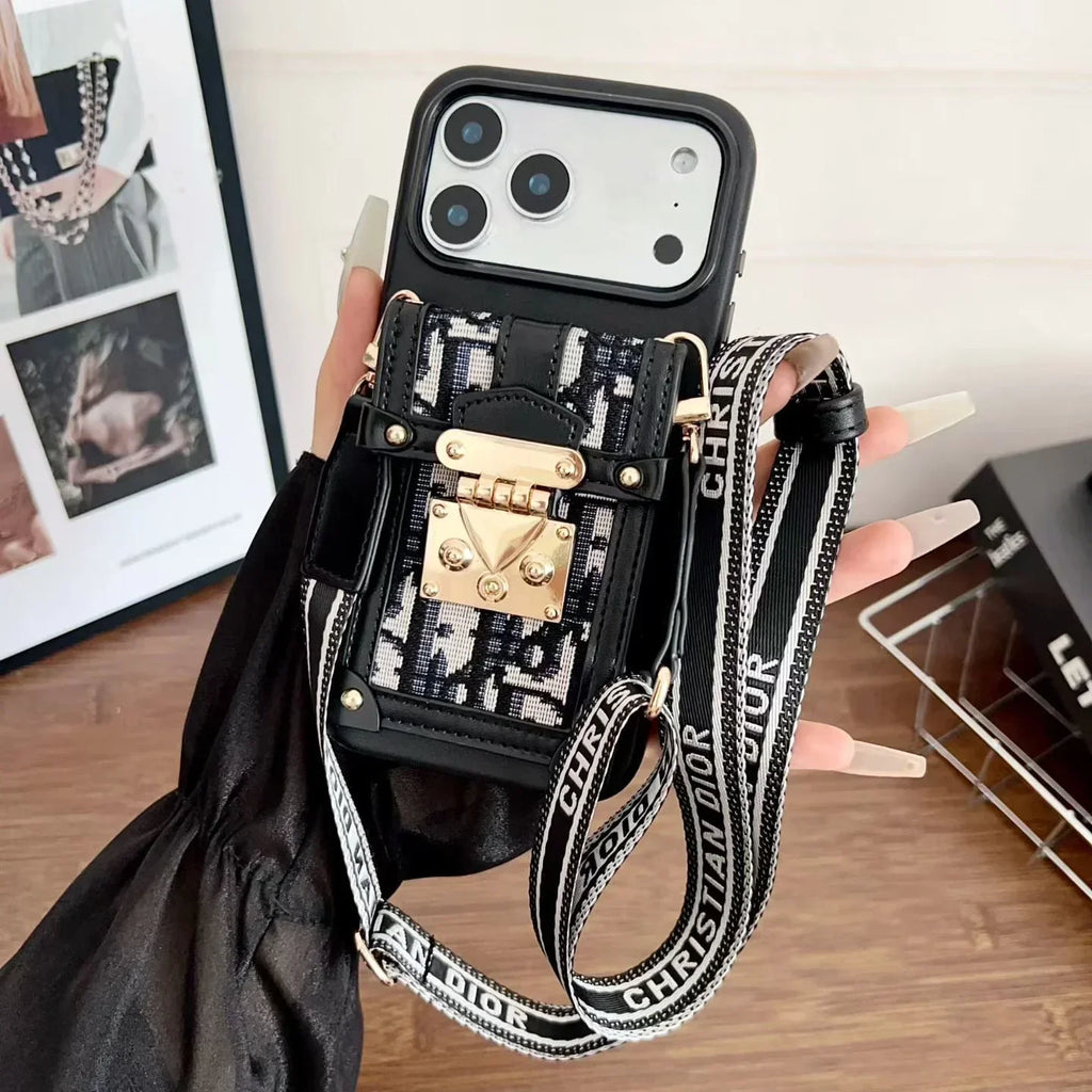 Dior iPhone 17 Pro Max Case with Wallet & 3 Straps – Black Luxury Crossbody Dior Phone Case