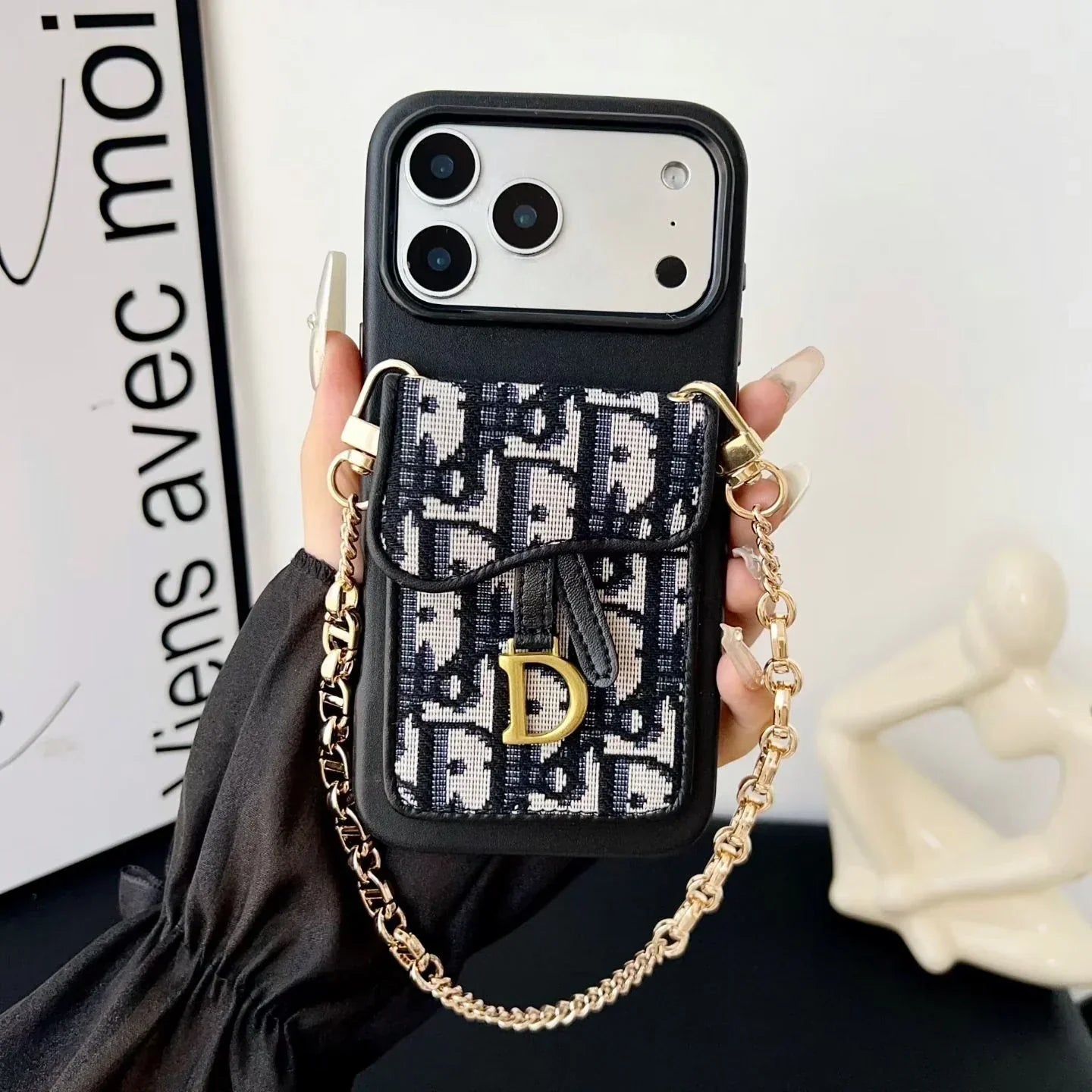 Dior iPhone 17 Pro Max Case with Wallet & 3 Straps – Gray Luxury Crossbody Dior Phone Case