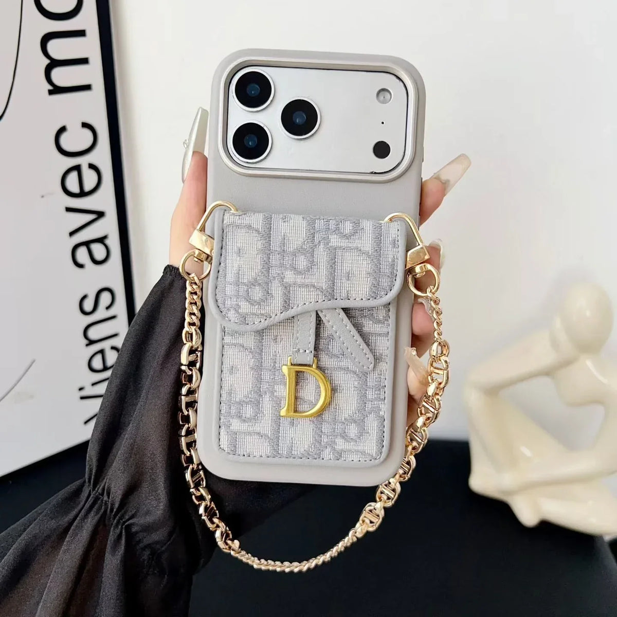 Dior iPhone 17 Pro Max Case with Wallet & 3 Straps – Black Luxury Crossbody Dior Phone Case