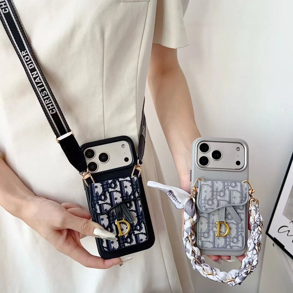 Dior iPhone 17 Pro Max Case with Wallet & 3 Straps – Black Luxury Crossbody Dior Phone Case