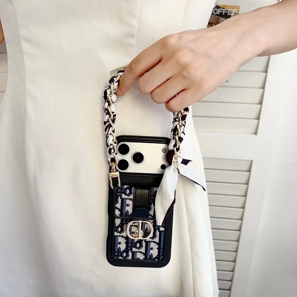 Dior iPhone 17 Pro Max Case with Wallet & 3 Straps – Black Luxury Crossbody Dior Phone Case