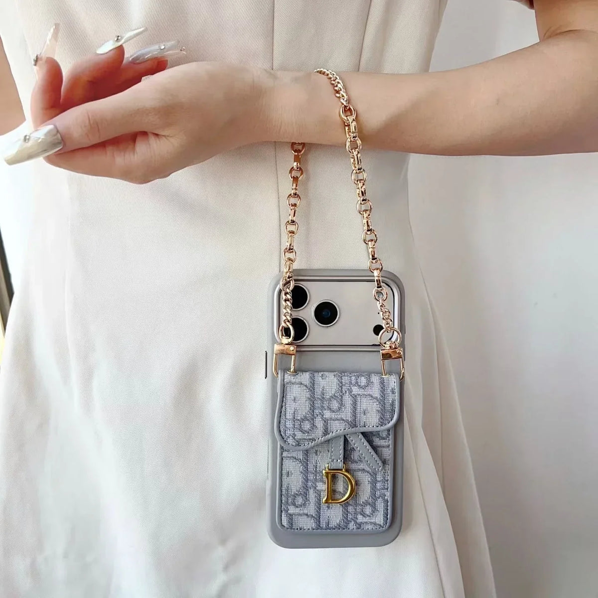 Dior iPhone 17 Pro Max Case with Wallet & 3 Straps – Gray Luxury Crossbody Dior Phone Case