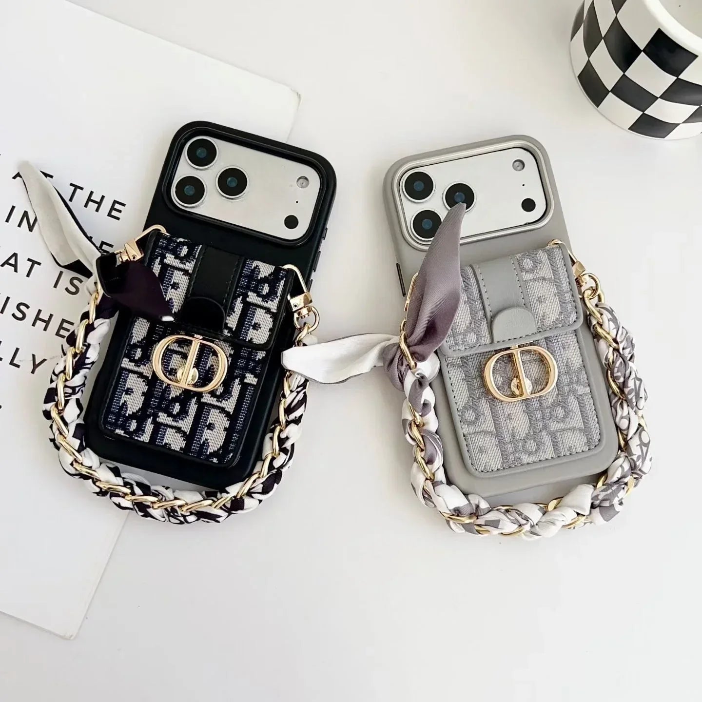 Dior iPhone 17 Pro Max Case with Wallet & 3 Straps – Black Luxury Crossbody Dior Phone Case