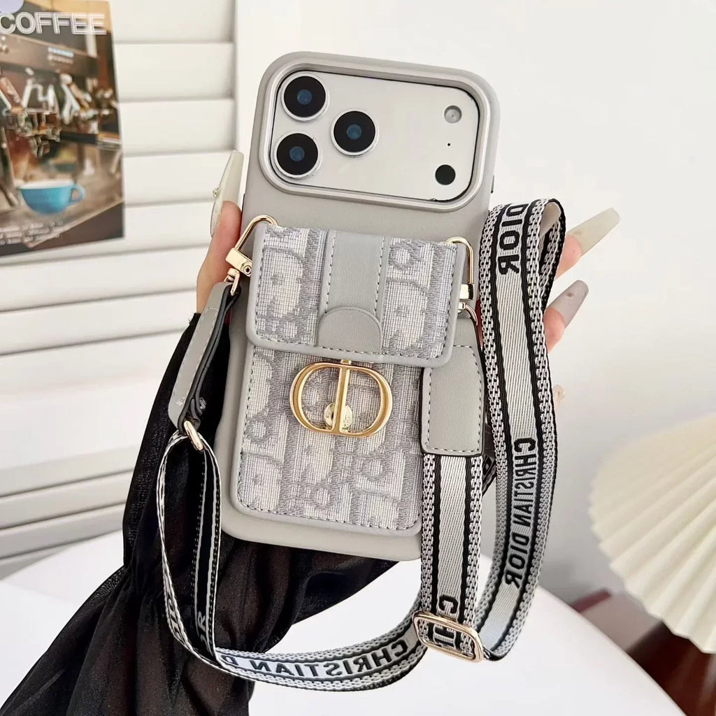 Dior iPhone 17 Pro Max Case with Wallet & 3 Straps – Luxury Crossbody Dior Phone Case