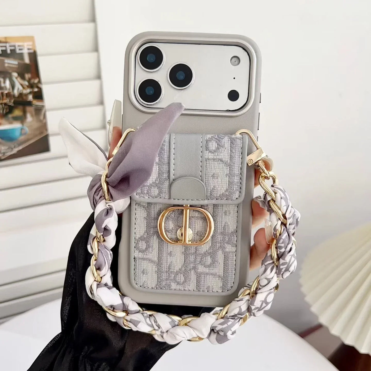 Dior iPhone 17 Pro Max Case with Wallet & 3 Straps – Black Luxury Crossbody Dior Phone Case