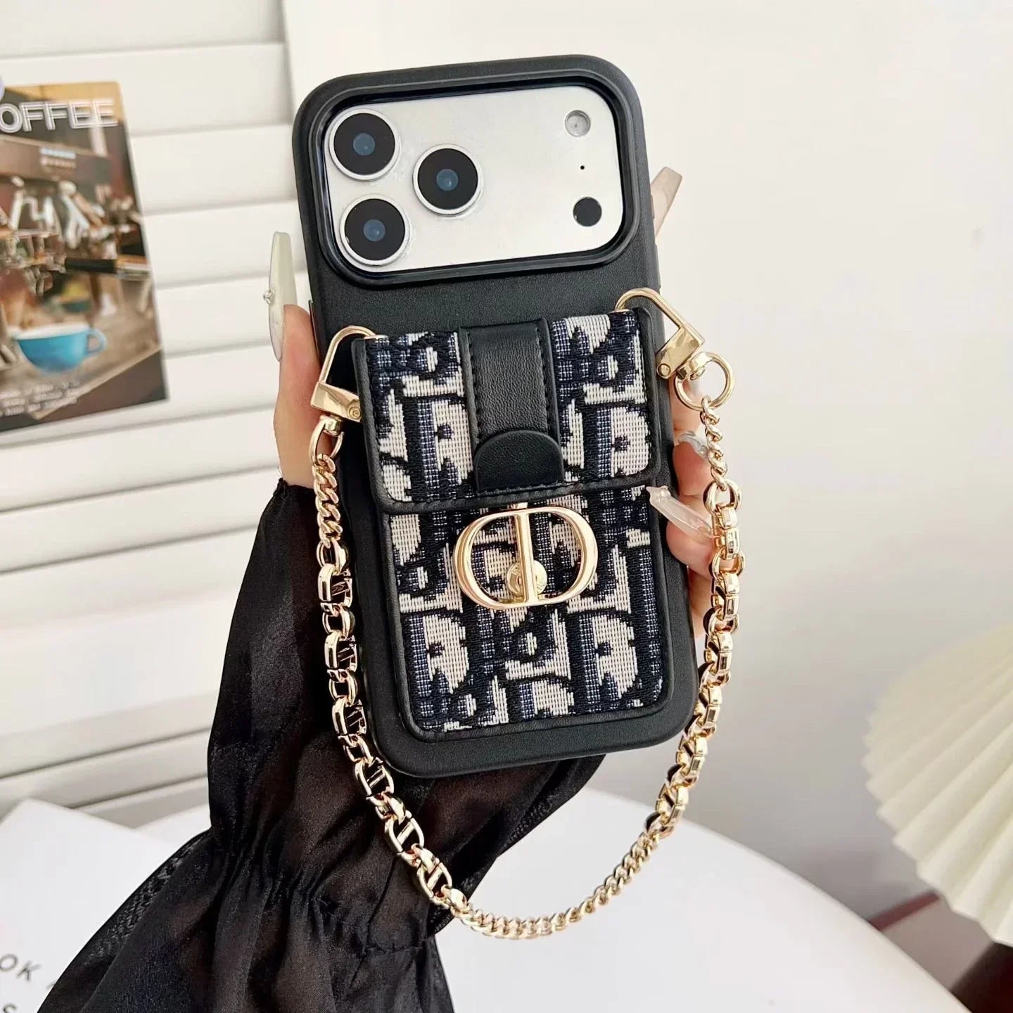 Dior iPhone 17 Pro Max Case with Wallet & 3 Straps – Black Luxury Crossbody Dior Phone Case