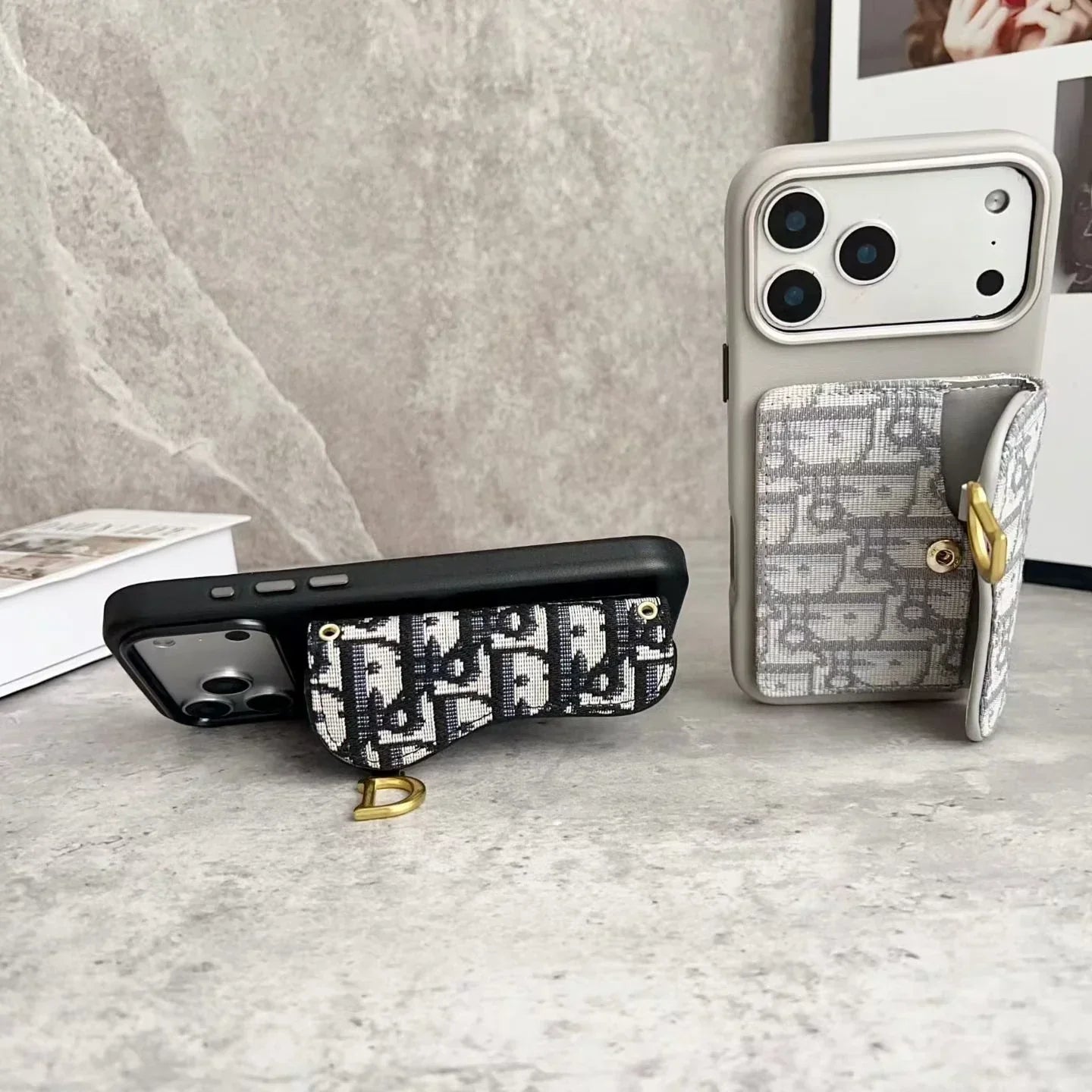 Dior iPhone 17 Pro Max Wallet Case with Card Holder – Gray Dior Oblique Flip Cover