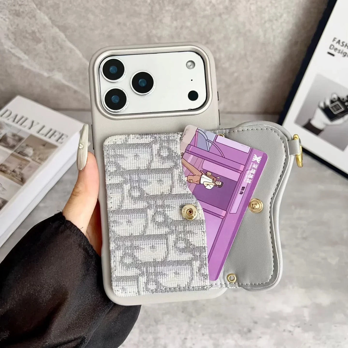 Dior iPhone 17 Pro Max Wallet Case with Card Holder – Gray Dior Oblique Flip Cover