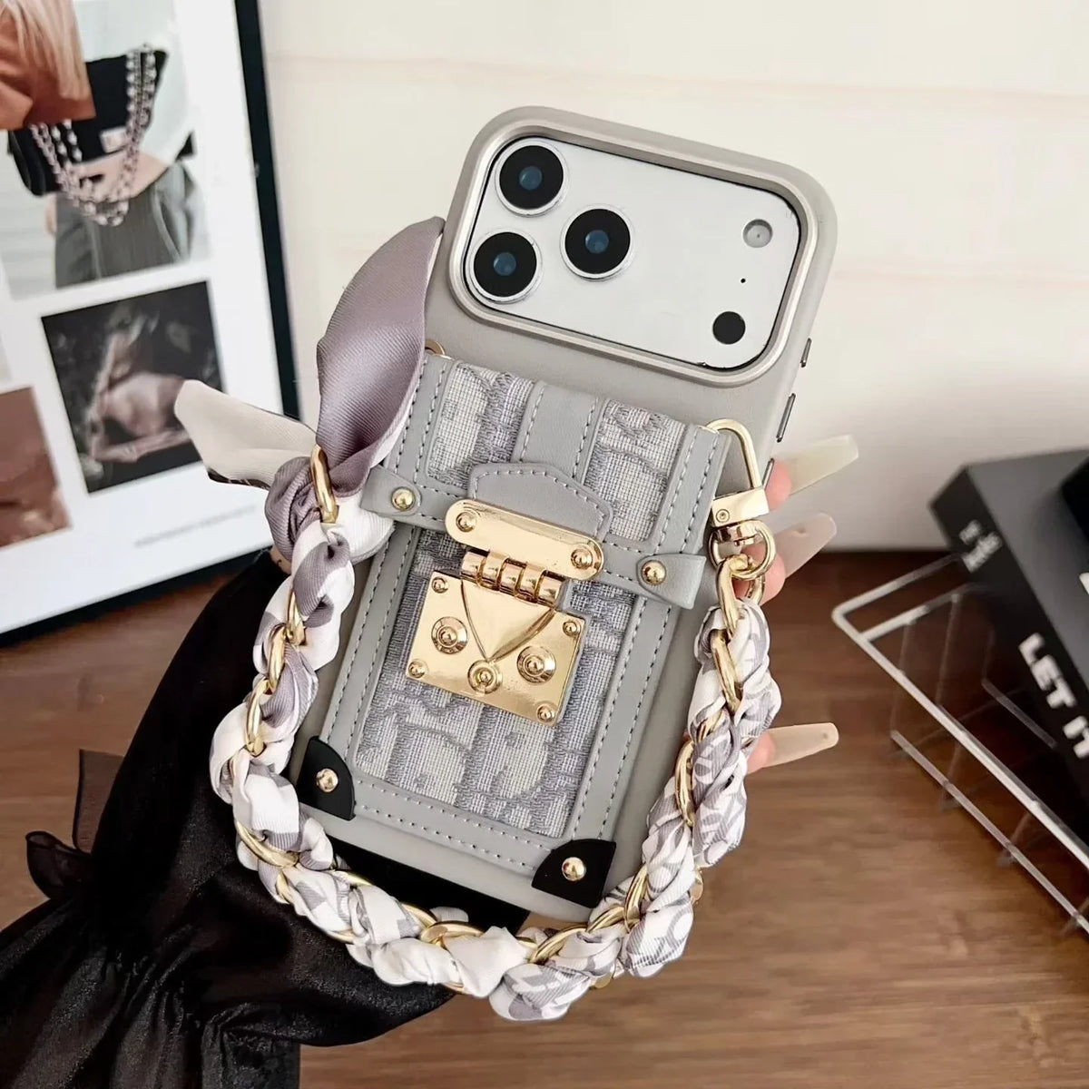 Dior iPhone 17 Pro Max Case with Wallet & 3 Straps – Black Luxury Crossbody Dior Phone Case