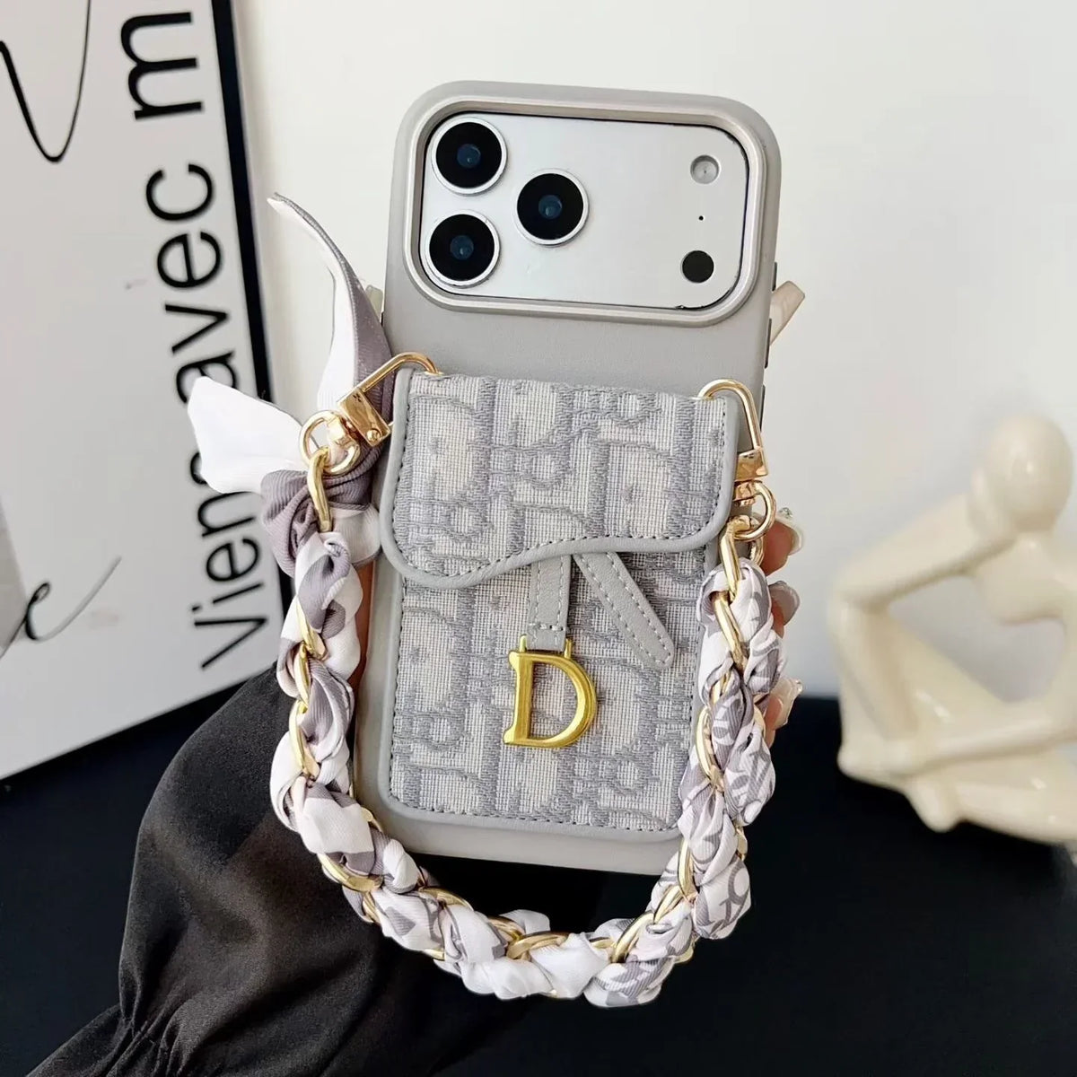 Dior iPhone 17 Pro Max Case with Wallet & 3 Straps – Gray Luxury Crossbody Dior Phone Case