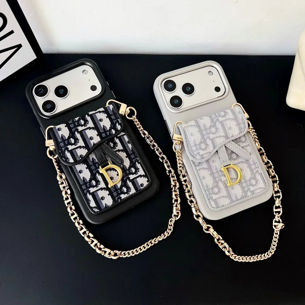 Dior iPhone 17 Pro Max Case with Wallet & 3 Straps – Black Luxury Crossbody Dior Phone Case