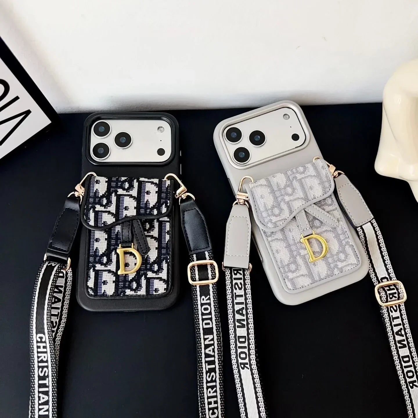 Dior iPhone 17 Pro Max Case with Wallet & 3 Straps – Black Luxury Crossbody Dior Phone Case