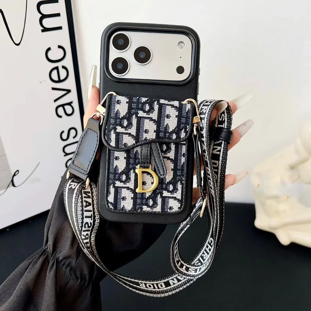 Dior iPhone 17 Pro Max Case with Wallet & 3 Straps – Black Luxury Crossbody Dior Phone Case
