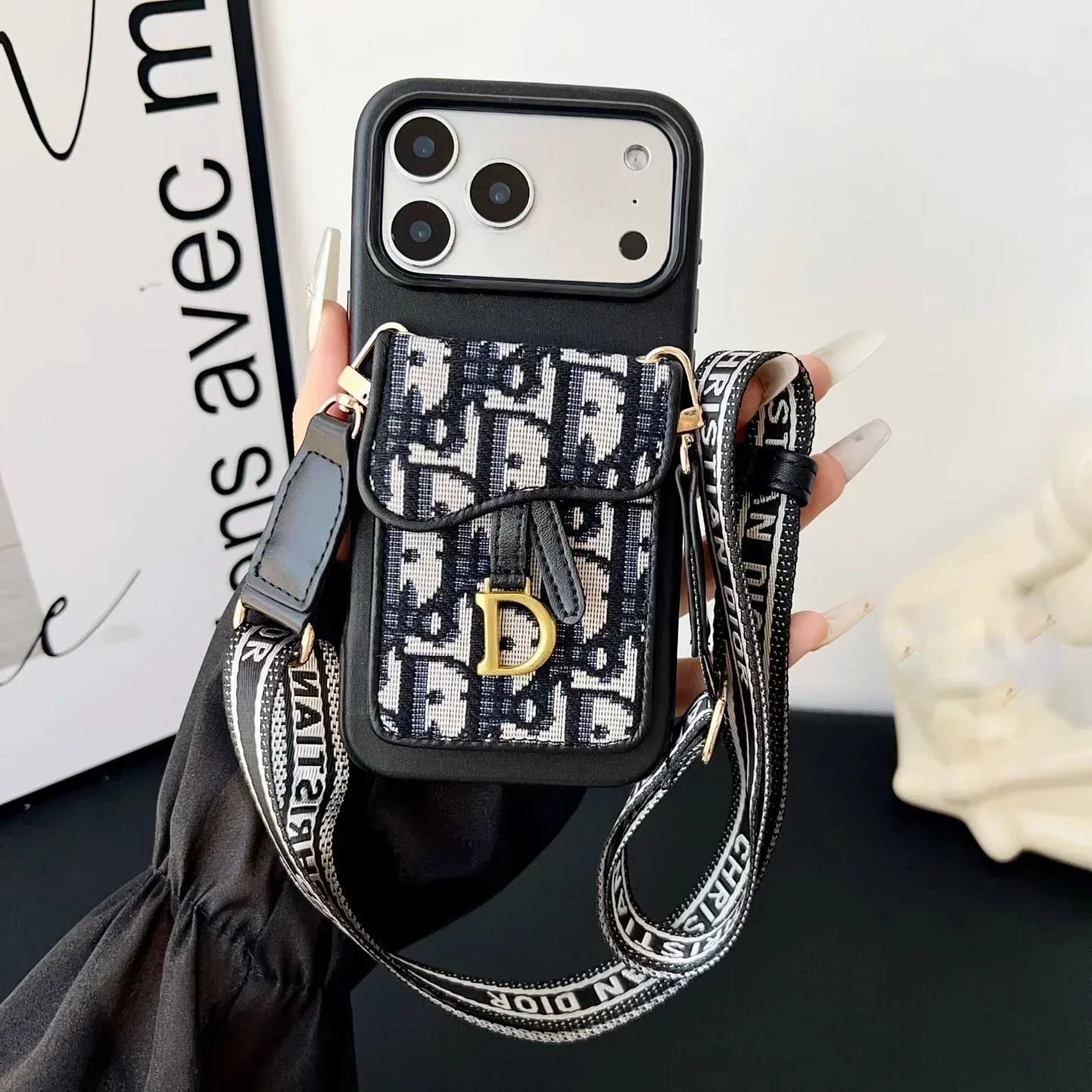 Dior iPhone 17 Pro Max Case with Wallet & 3 Straps – Black Luxury Crossbody Dior Phone Case