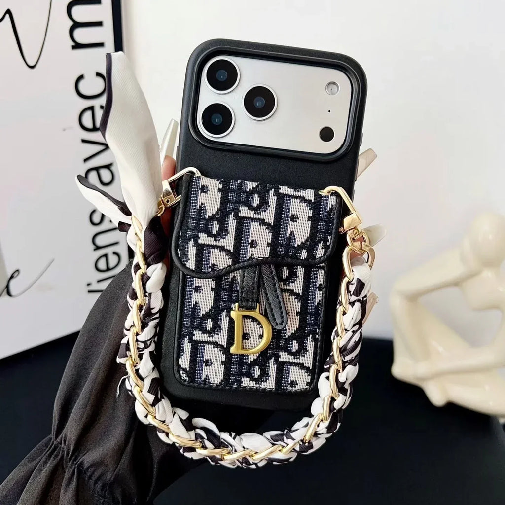 Dior iPhone 17 Pro Max Case with Wallet & 3 Straps – Black Luxury Crossbody Dior Phone Case