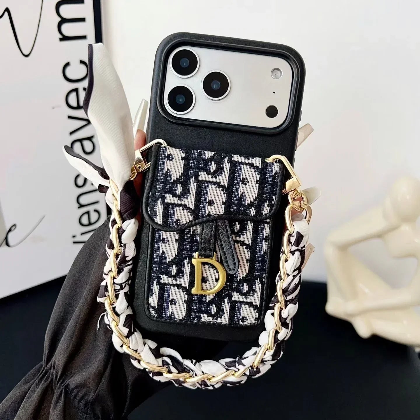 Dior iPhone 17 Pro Max Case with Wallet & 3 Straps – Black Luxury Crossbody Dior Phone Case